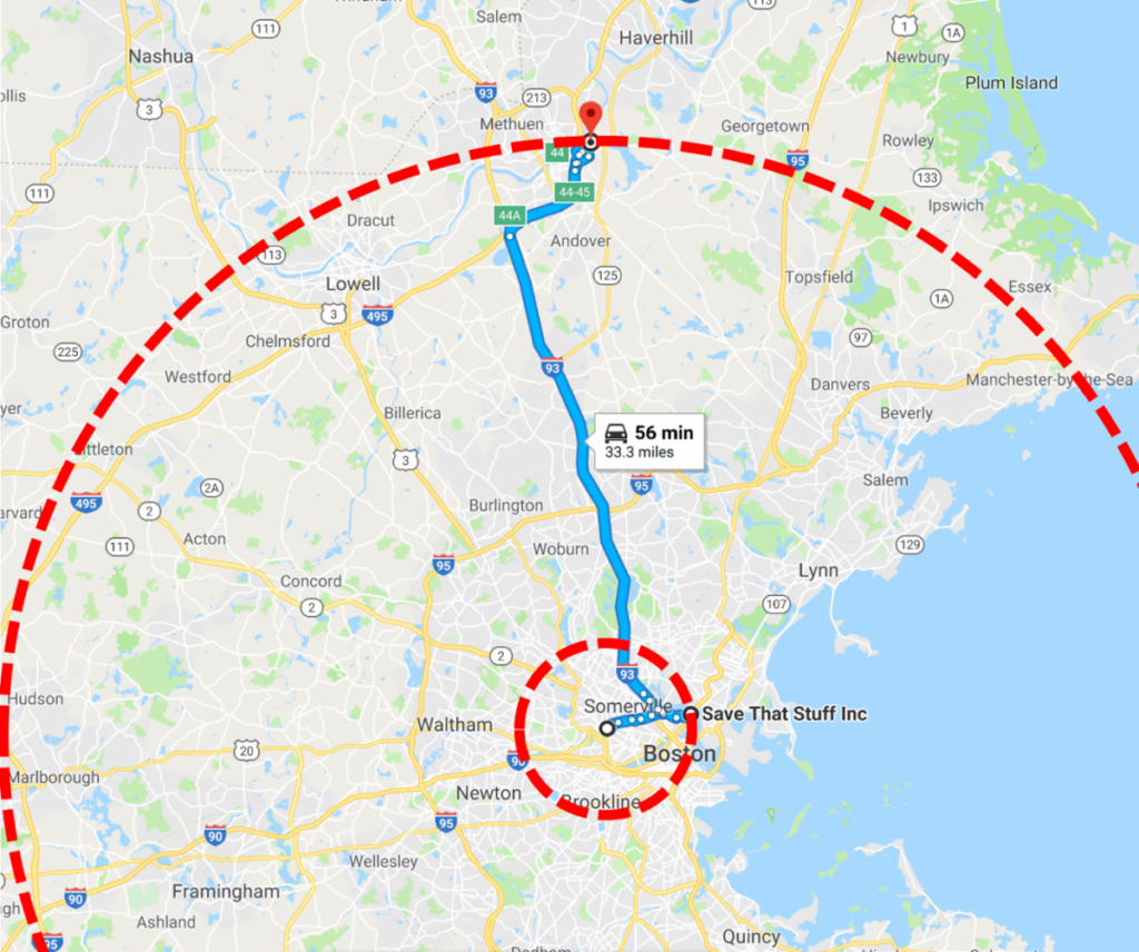 Screenshot of a map that shows distance from Harvard University to Save That Stuff and GLSD.
