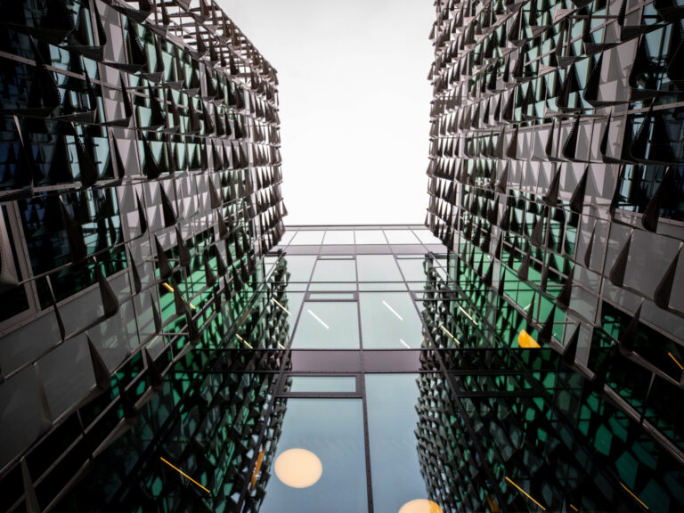 Looking up from one of the patios in the new Science and Engineering Complex building in Allston at Harvard University. Rose Lincoln/Harvard Staff Photographer