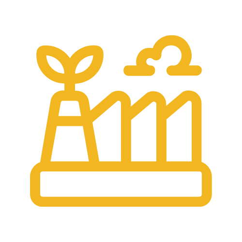 Yellow illustration that looks like an outline of a power plant with a leaf coming out the top.