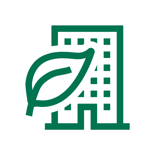 Graphic illustration of a green building and leaf