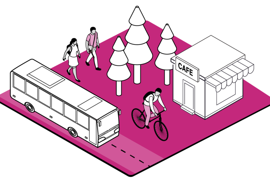 Pink graphic illustration of vehicles, people walking, trees, a cafe, a person biking.