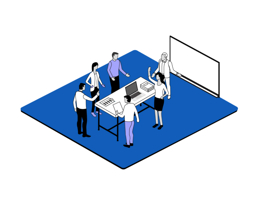 Illustrated graphic of people working around a table and laptop against a blue-purple background.