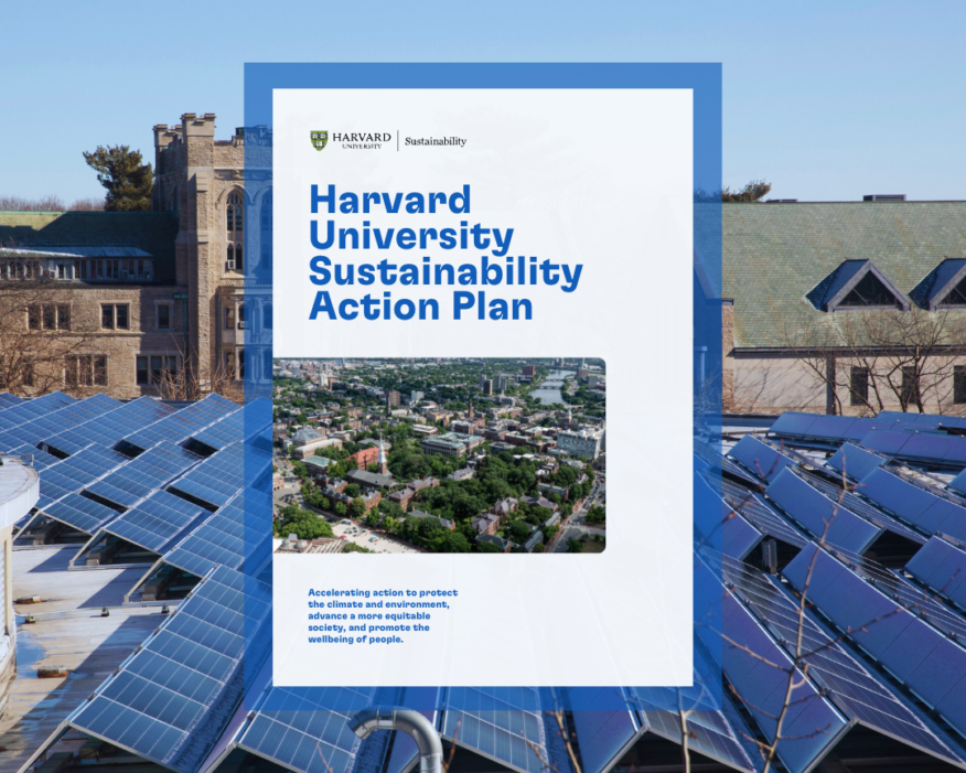 Screenshot of the cover of Harvard's Sustainability Action Plan against a background of solar panels.