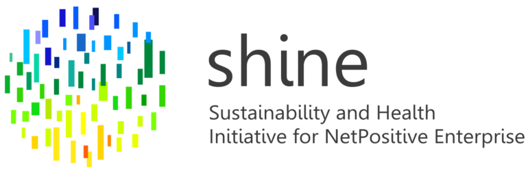 Rainbow rectangles serve as logo for "shine: Sustainable and Health Initiative for NetPositive Enterprise."