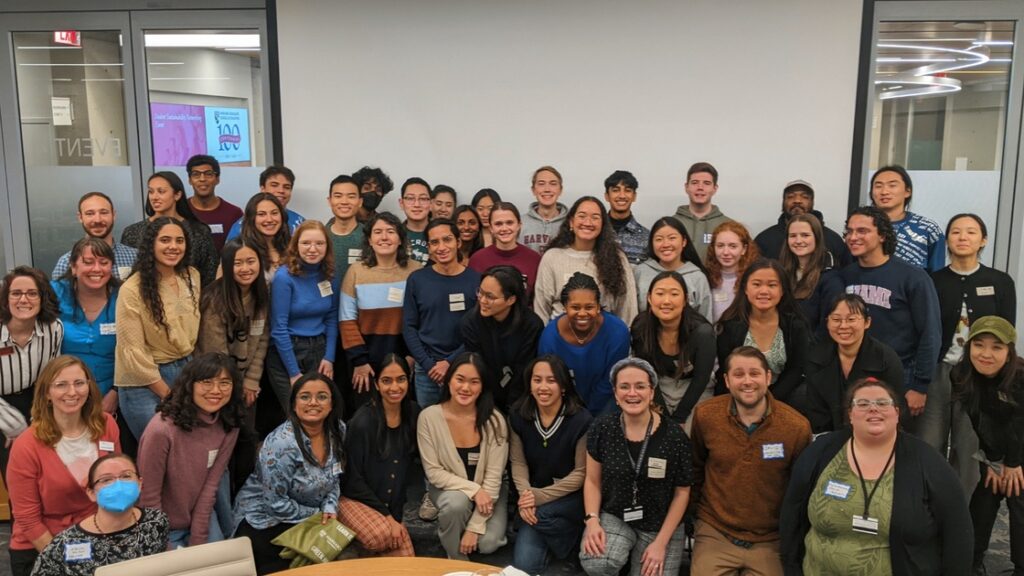 Students from different sustainability groups at Harvard gather for a photo.