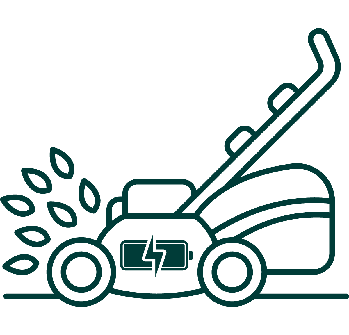 Graphic icon of a green lawnmower with an electric battery symbol on it.