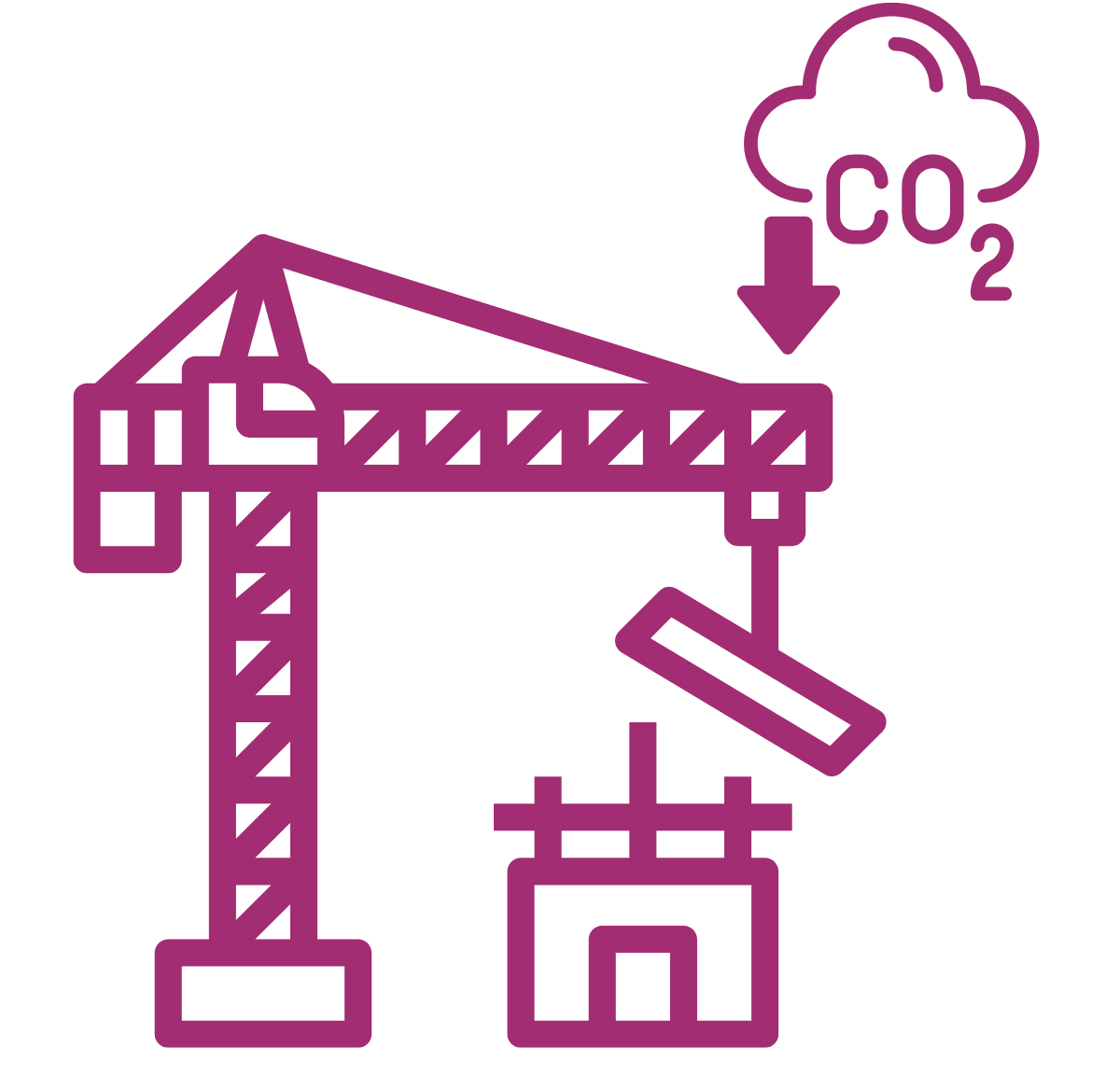 Graphic icon that represents construction of a building. An icon with a cloud that has "CO2" written in it with an arrow pointing down toward the ground hovers above the construction icon.