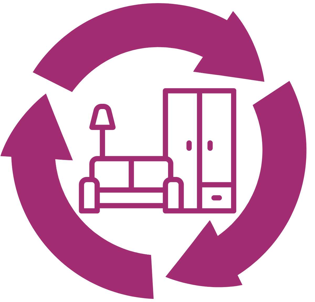 Pink icon of a recycling symbol with furniture in the middle to demonstrate furniture recycling.
