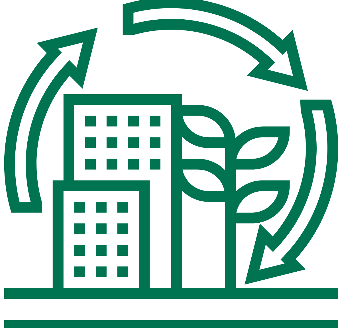 Graphic icon that shows buildings next to a plant, with recycling arrows around the outside to show circularity.