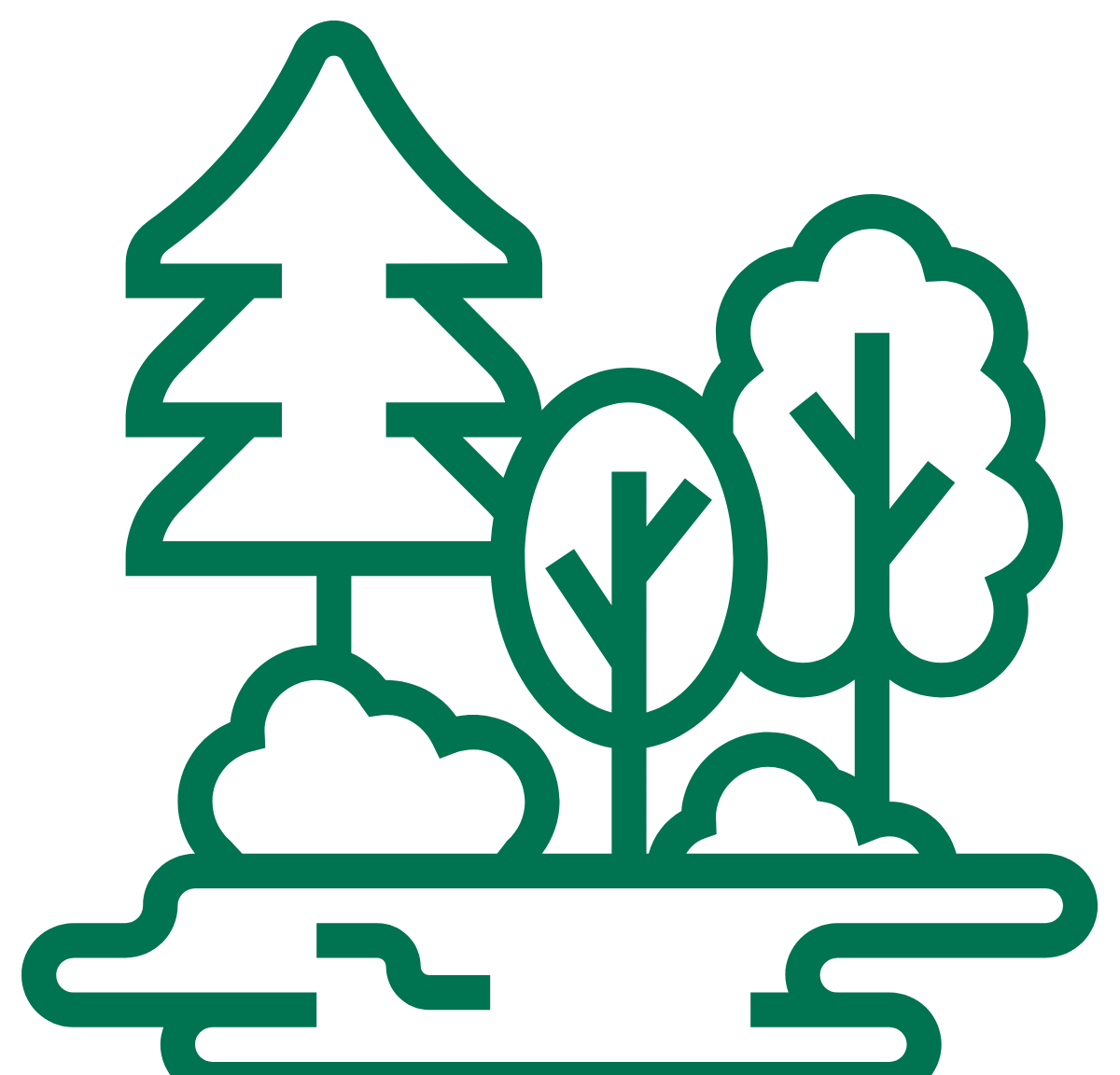 Graphic, green icon of trees and shrubbery.