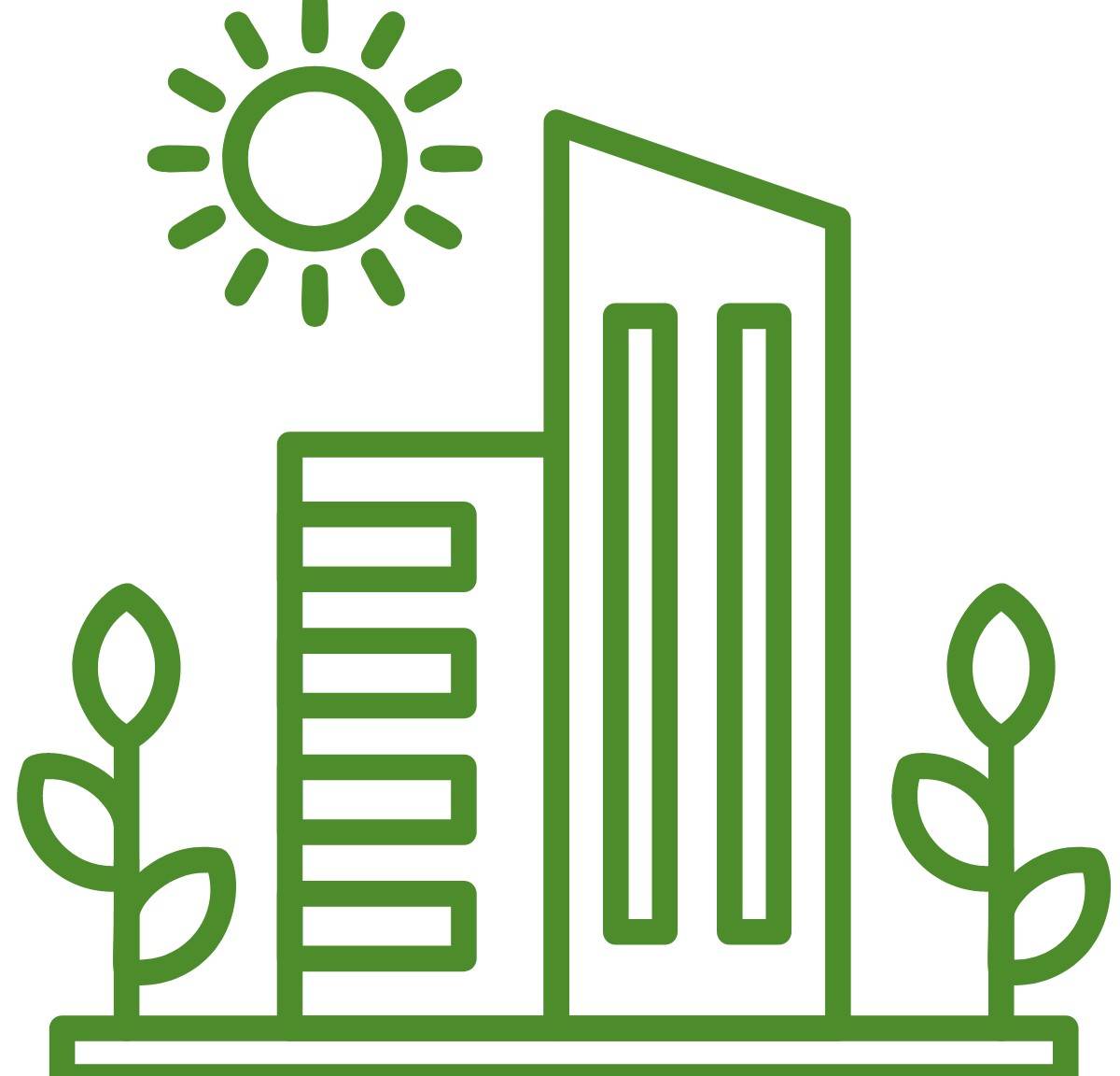 Green graphic icon of a building surrounded by plants and sun.
