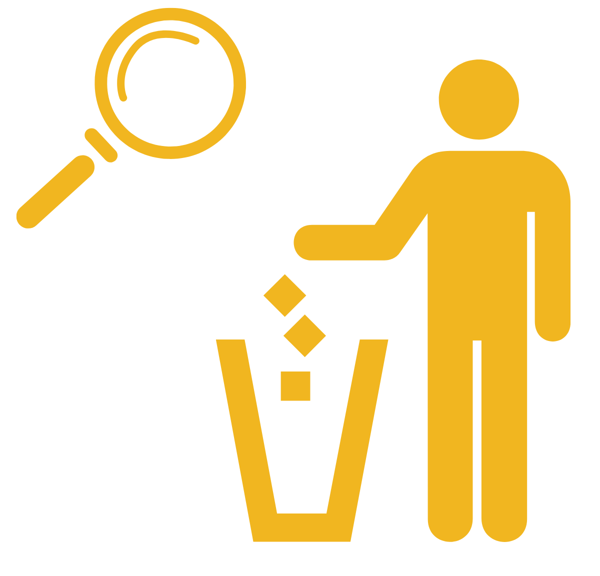 Yellow icon of a person throwing away trash with a magnifying glass next to it to demonstrate waste auditing.