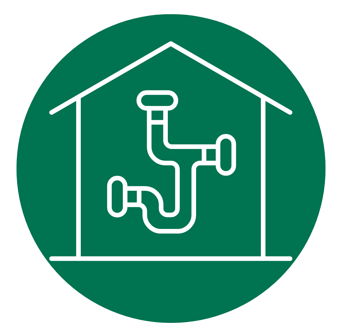 Graphic icon of a home with plumbing in the middle of it. All is set against a green circle background.
