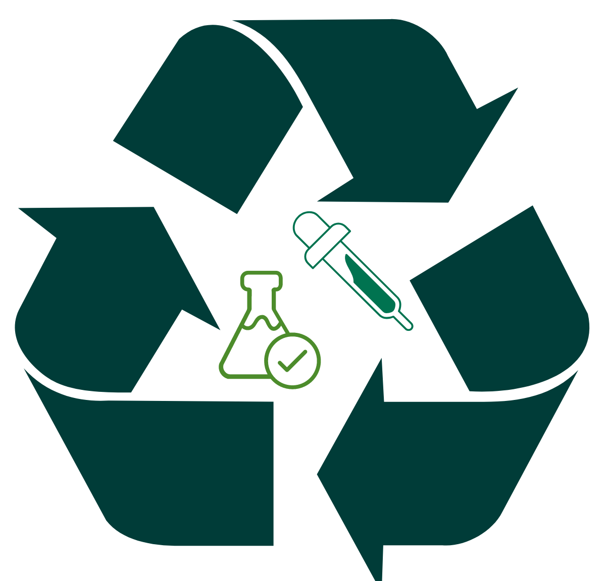 Recycle icon with lab icons in the middle like a pipette and lab bottle.