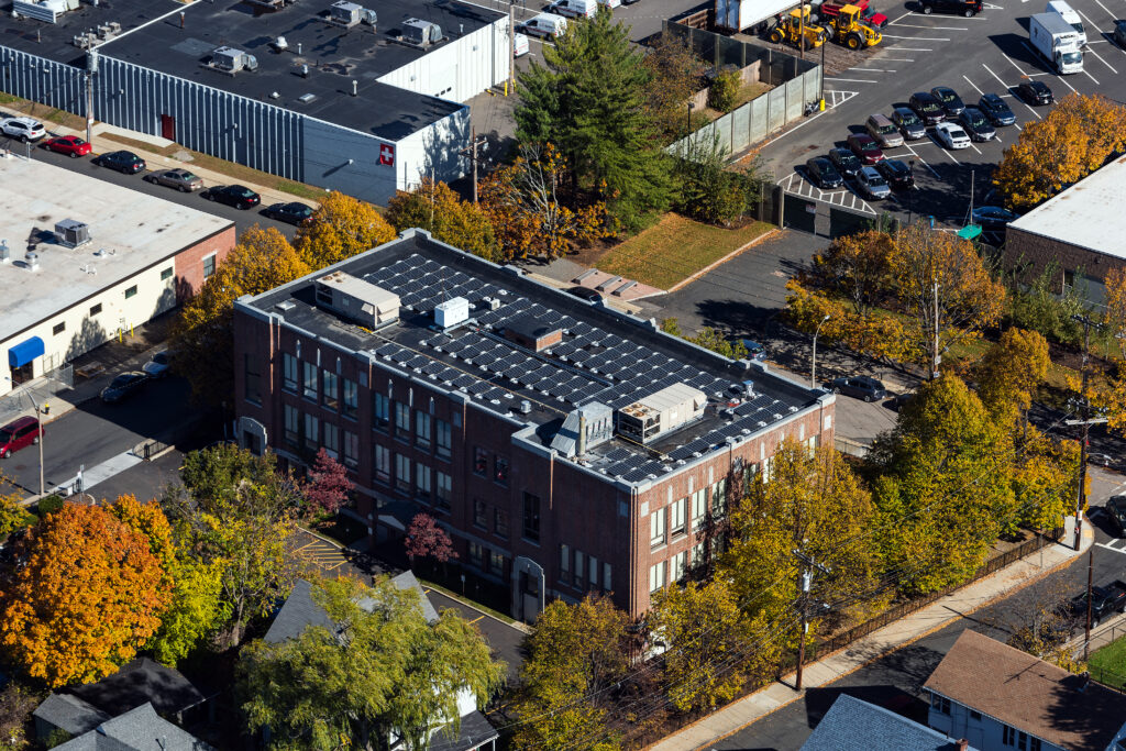 Solar panels on top of Travis building at Harvard Business School.