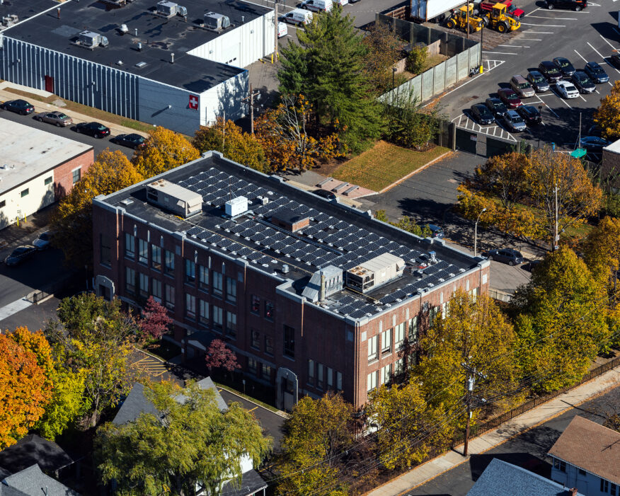 Solar panels on top of Travis building at Harvard Business School.