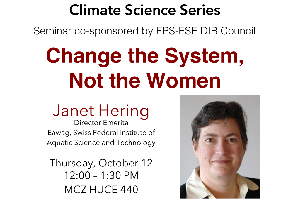 Climate Science Series graphic. Seminar co-sponosred by EPS-ESE DIB Council. Janet Hearing, Director Emerita, Swiss Federal Institute of Aquatic Science and Technology. Thursday, Oct. 12, 12-1:30 pm, MCZ HUCE 440.