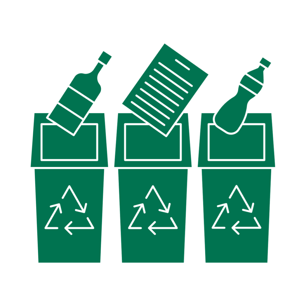 Recycling bins icon, one with a glass bottle, another with a paper, and another with a plastic bottle