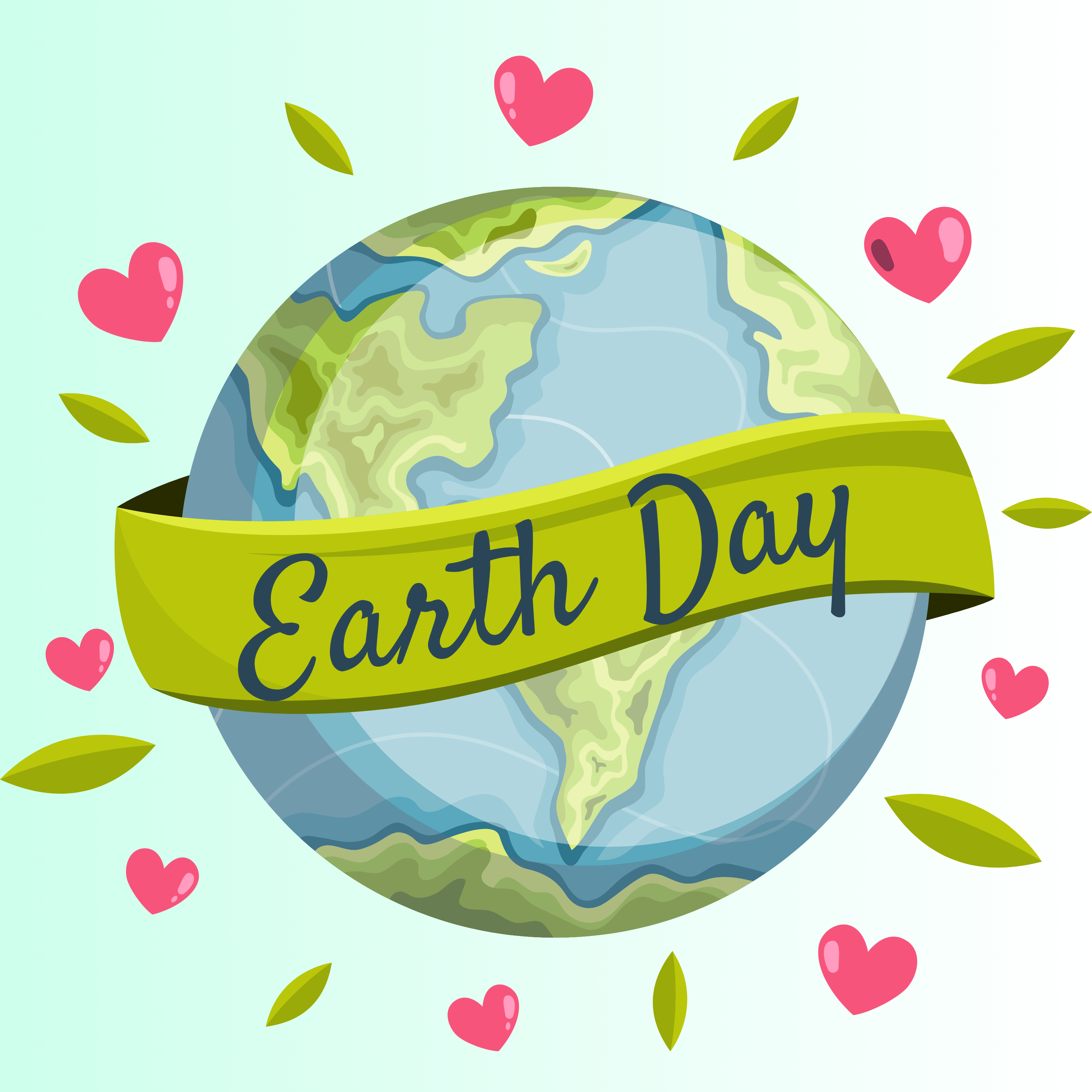 Earth Day graphic with hearts around a globe.