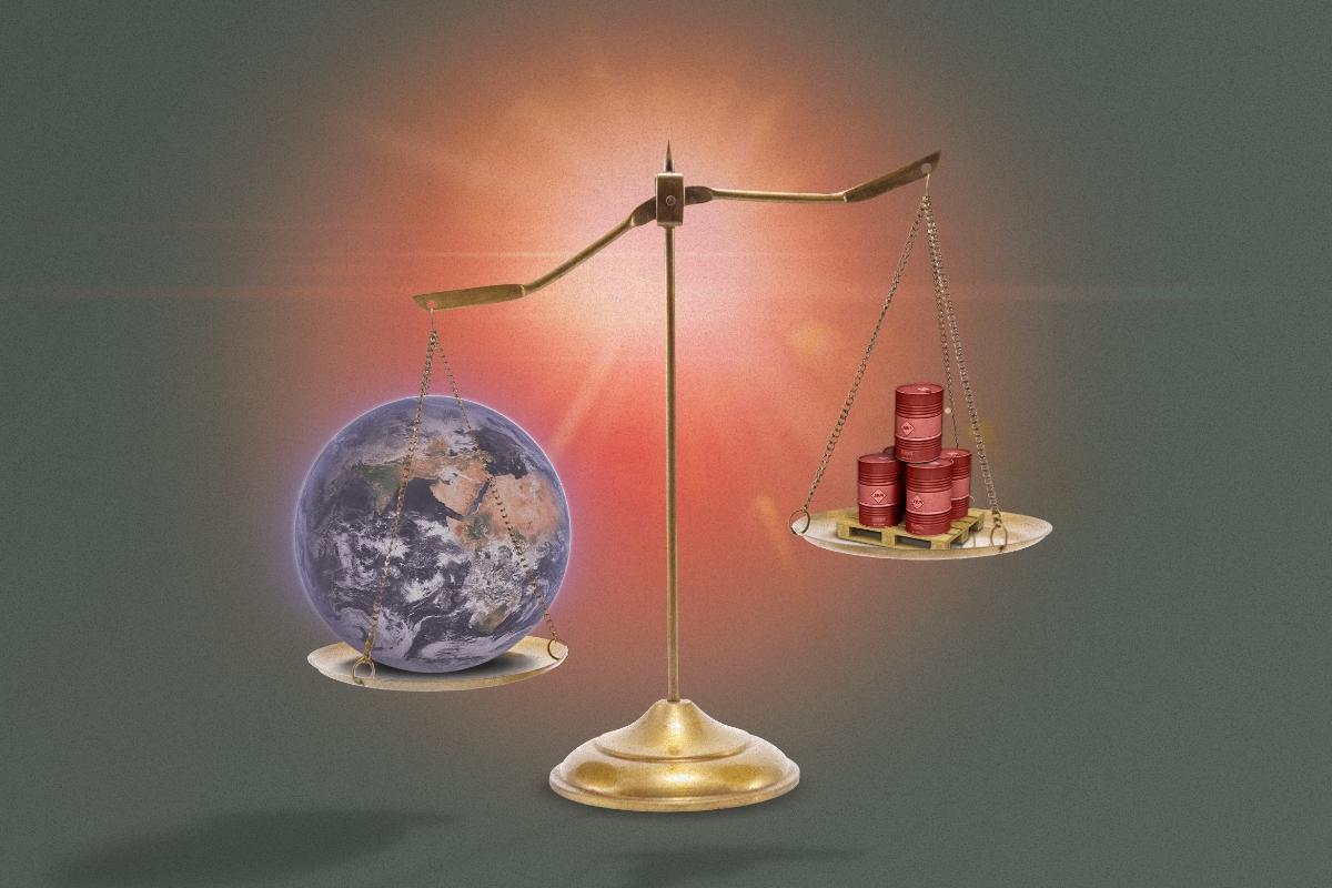 Judicial balance with the planet on one end and oil barrels on the other