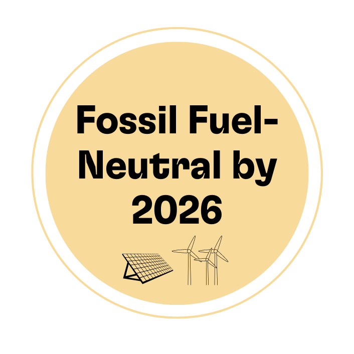 Text "Fossil Fuel-Neutral by 2026" against a yellow circle background