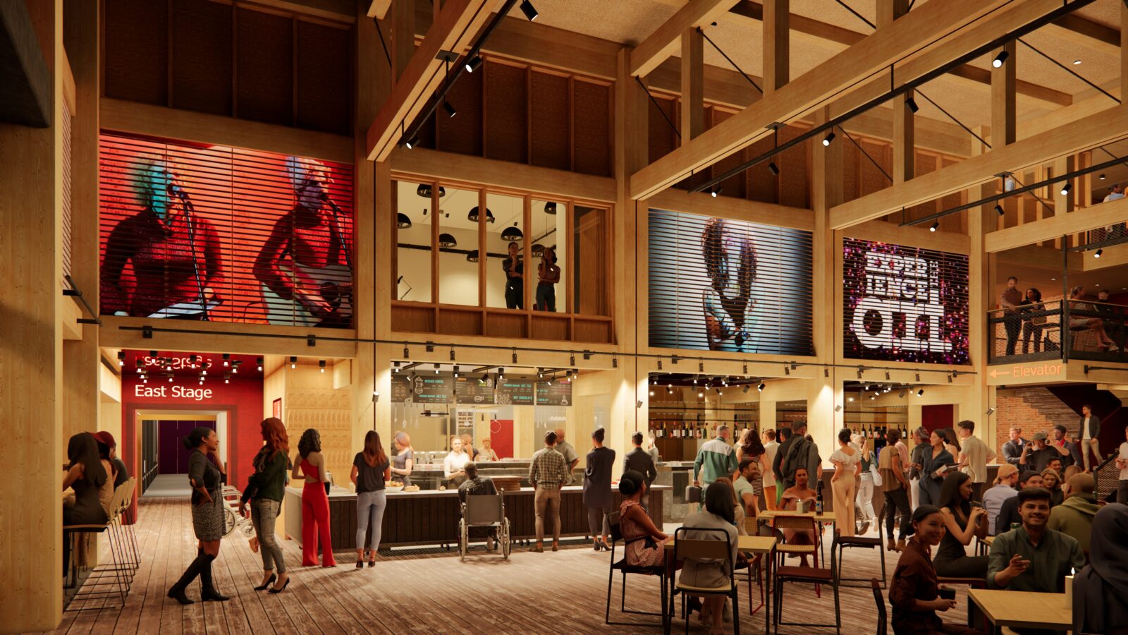 Rendering of the lobby of the new American Repertory Theater by DeMaterial.