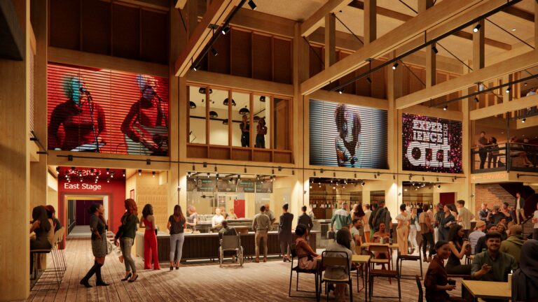 Rendering of the lobby of the new American Repertory Theater by DeMaterial.