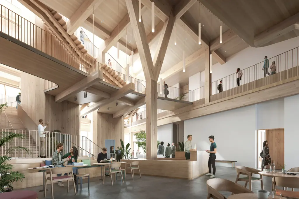 Rendering of the Treehouse Conference Center lobby by Studio Gang.