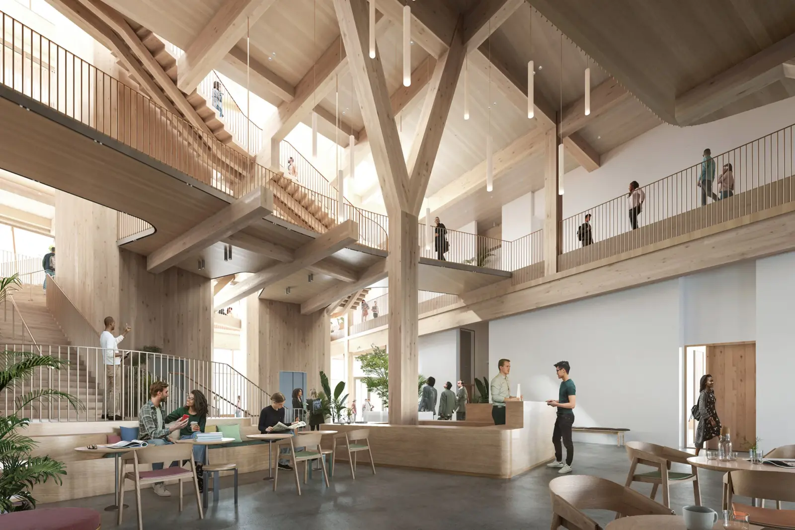 Rendering of the Treehouse Conference Center lobby by Studio Gang.