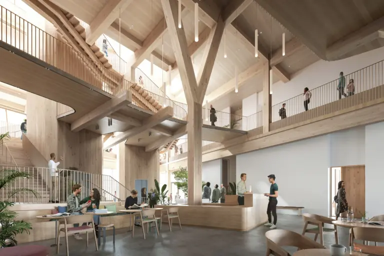 Rendering of the Treehouse Conference Center lobby by Studio Gang.