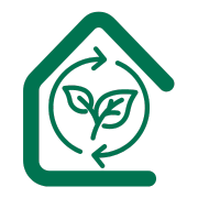 Green icon that shows the outline of a home with circular arrows and a leaf inside.