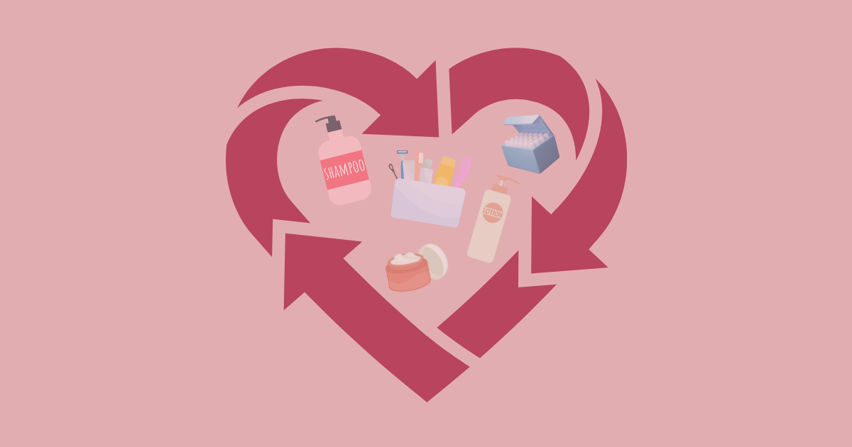 Graphic illustration of a recycling symbol shaped as a heart with toiletries inside.