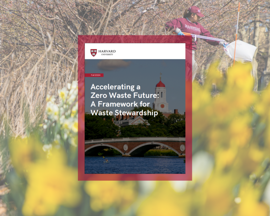 Cover page of the PDF “Accelerating a Zero Waste Future: A Framework for Waste Stewardship” layed over a photo of a person picking up trash outside.