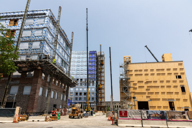 Construction sites of two new buildings at Harvard, 100 South Campus Drive and Rubenstein Treehouse Conference Center.