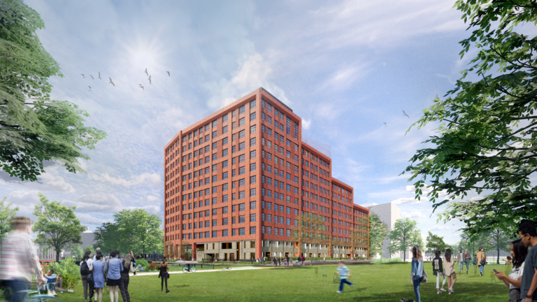 Rendering of 100 South Campus Drive residential building.
