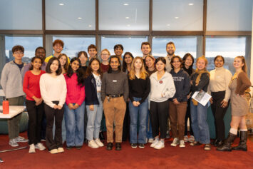 Students pose for a photo at a CSSL welcome dinner event.