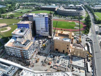 Aerial view of construction of 100 South Campus Drive, a residential building in Allston.