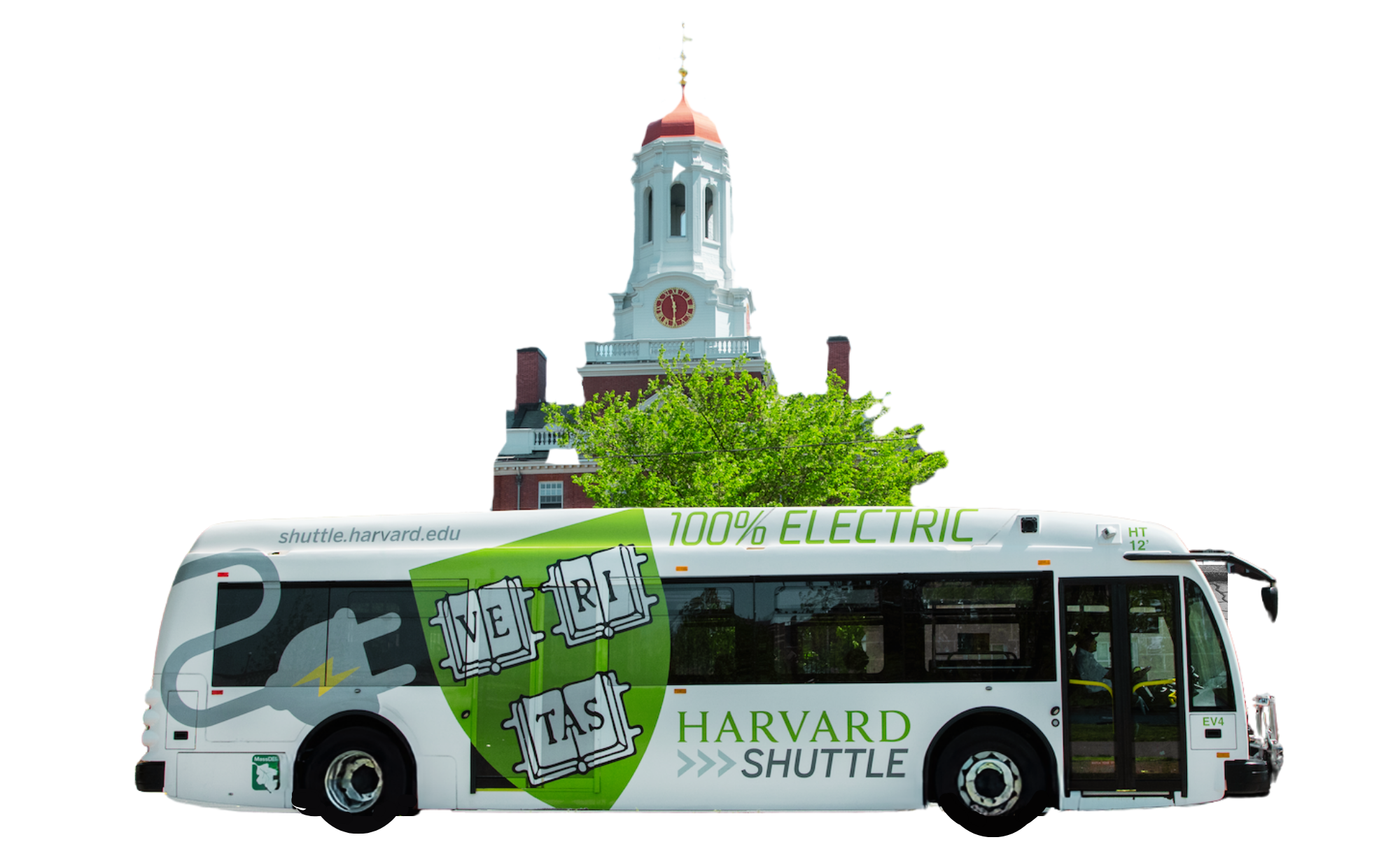 Cut-out of an electric Harvard shuttle in front of a Harvard building with a steeple.