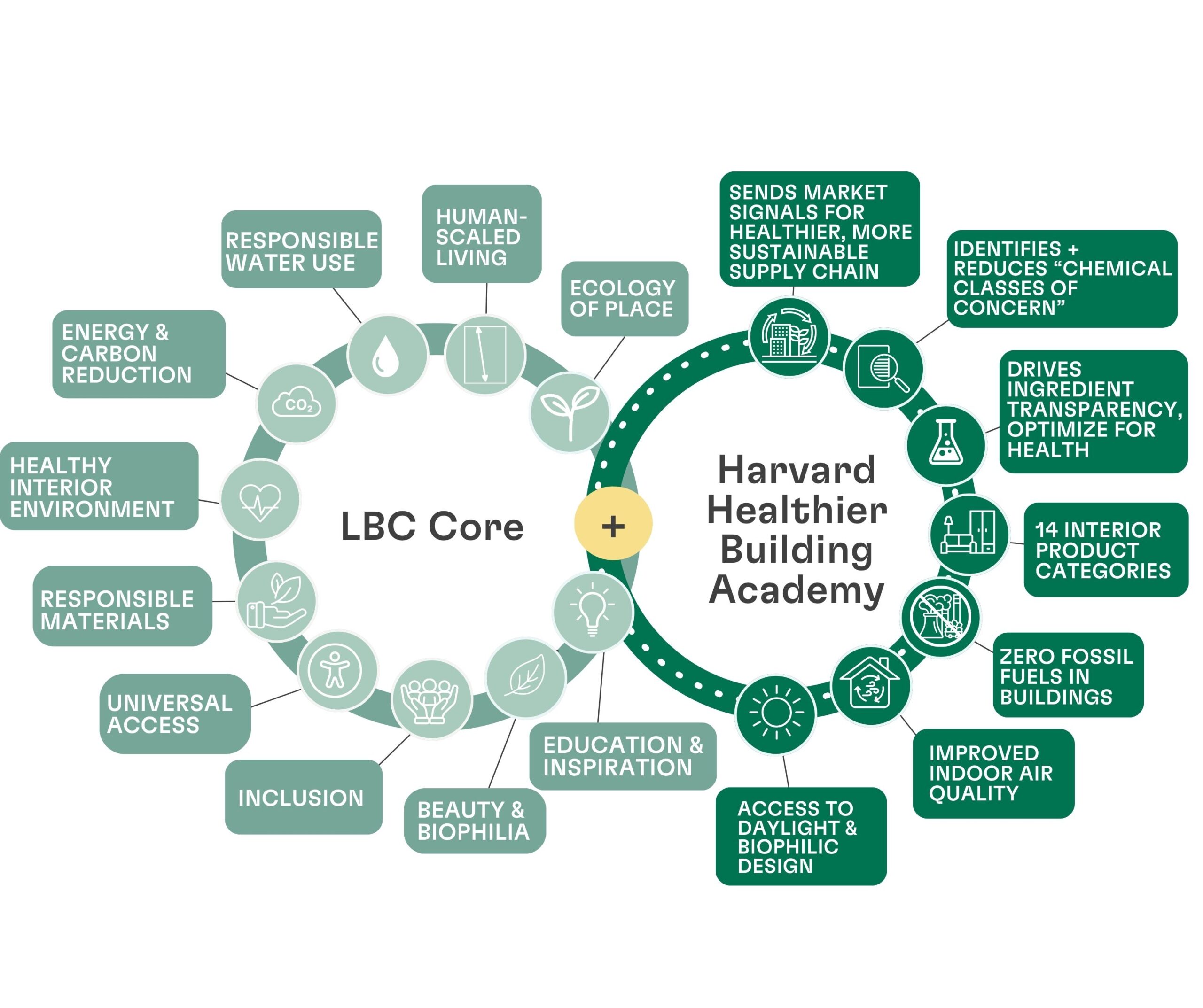 Graphic that illustrates the sustainability features required for LBC Core Certification and the Harvard Healthier Building Academy.