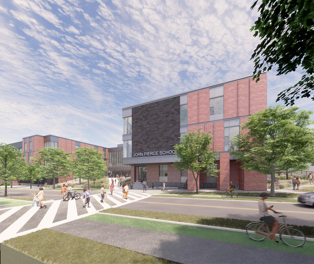 Rendering of the outside of the new Pierce School in Brookline. Students are shown walking across a crosswalk into the school.