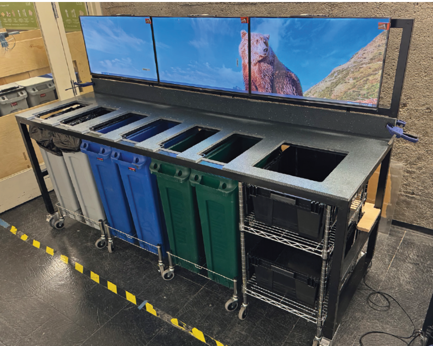 A dynamic waste sorting station with multiple bins of different colors under a counter, each with a corresponding opening for different types of waste. Above the sorting area, there are three large digital screens displaying an image of a bear in a mountainous landscape. The station is set up indoors, with wheels on its legs for mobility and extra black bins on a metal shelf underneath the counter. Yellow-and-black caution tape marks the area on the floor.
