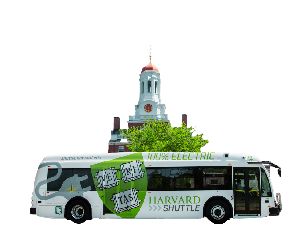 Cut-out of an electric Harvard shuttle in front of a Harvard building with a steeple.