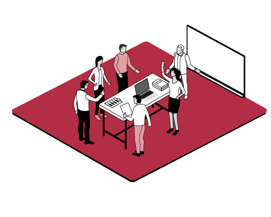 Illustration of people working against a crimson red background.