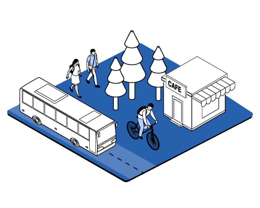 Illustration depicting "how we operate," with white drawings of a bus, bicyclist, and pedestrians against a blue background.